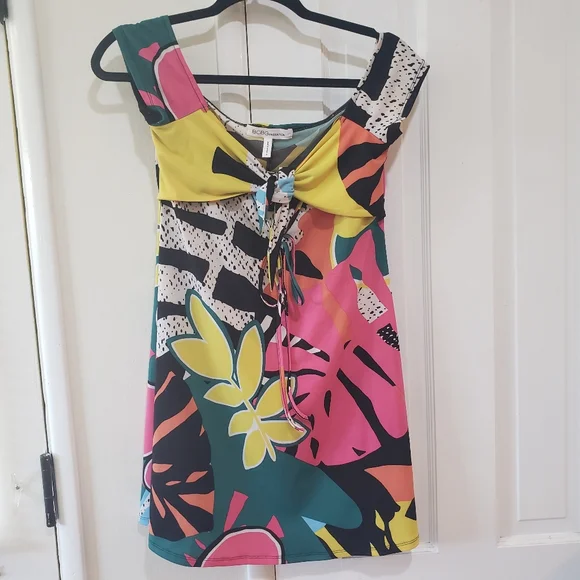 BCBGeneration Dress Tropical Cap Sleeves Front Tie S Monstera Print y2k - Picture 2 of 7